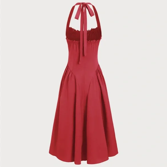 Rihoas Red Ruched Halter Midi Dress - Picture 6 of 8